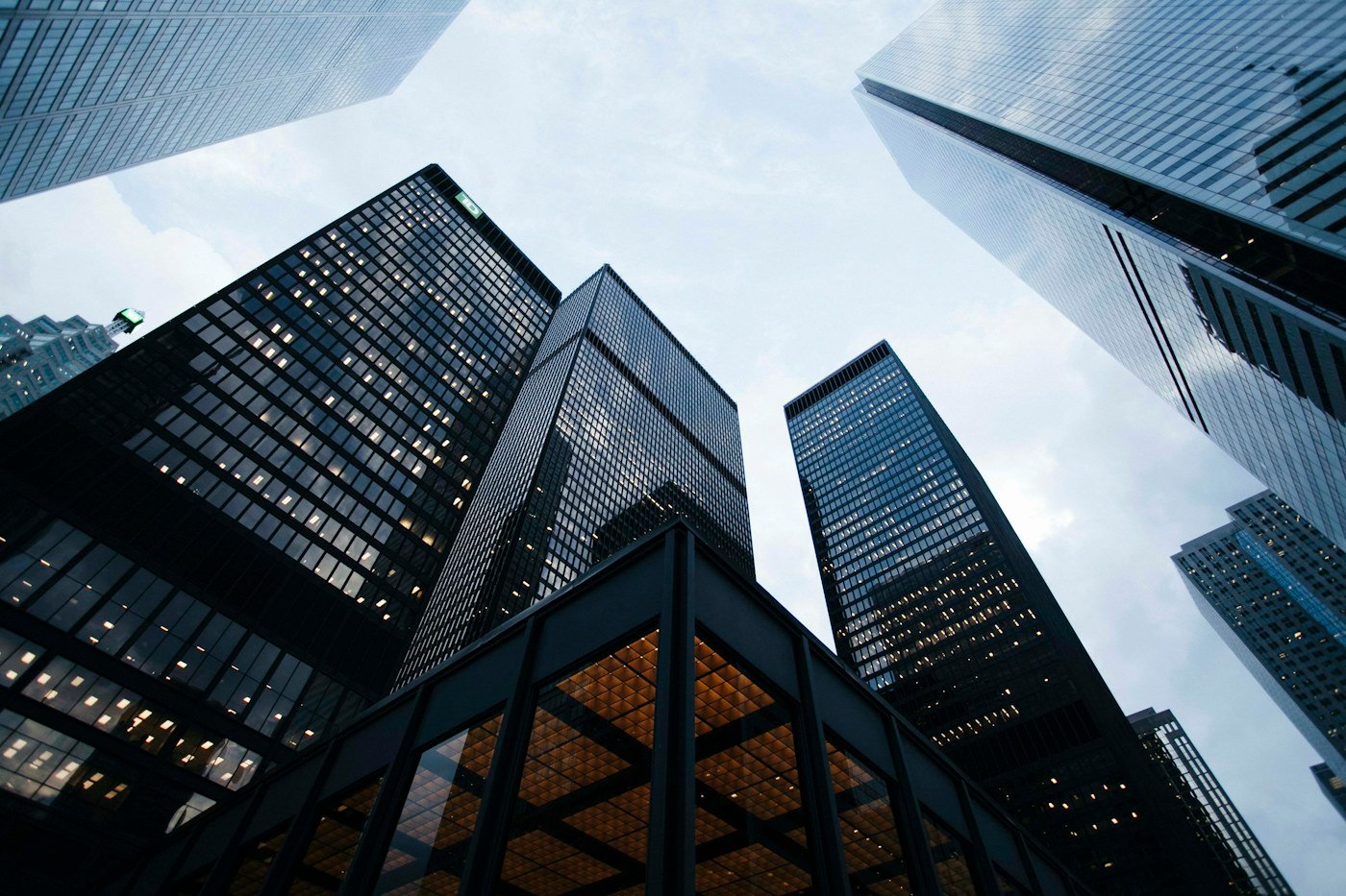 Modern glass architecture viewed from below